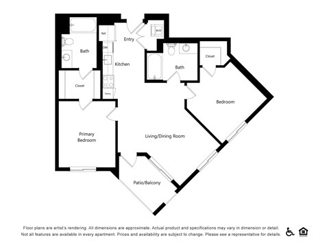 Floor plan for 2 beds, 2 baths, 989 sqft